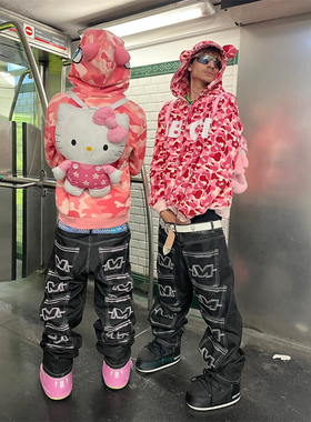 MINUS TWO 新款时尚刺绣休闲牛仔裤美式复古修身百搭低胯阔腿裤潮