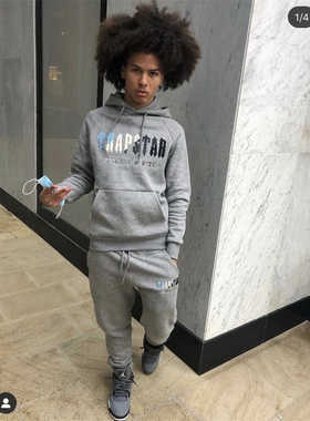 Trapstar 设计师蓝白毛巾绒卫衣刺绣字母加绒加厚男女连帽外套