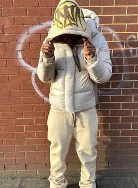 SYNA新款卡其米白拼色羽绒服保暖时尚男女同款刺绣百搭高品质嘻哈