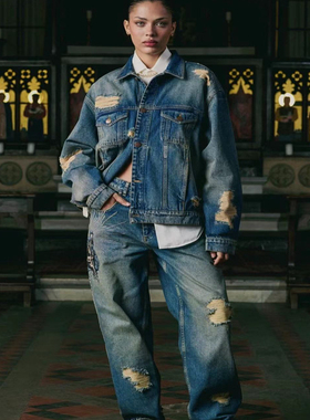 Derschutze新款街头男女款 NYC to RIO Denim 做旧磨破微喇牛仔裤