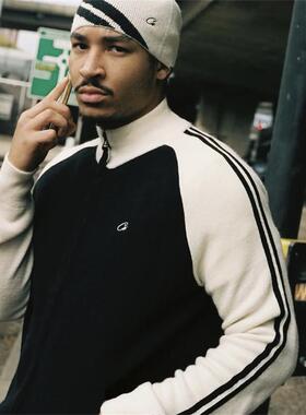 Corteiz 新款百搭包边条毛衣卡其黑拼开衫高品质男女款宽松针织衫