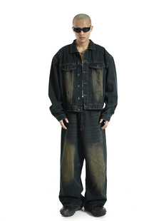 套装 秋街头嘻哈宽松夹克上衣牛仔裤 复古水洗做旧牛仔外套男士 美式