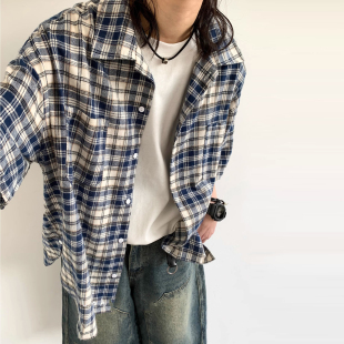 夏季日系男装日潮拼色复古格子衬衫翻领少年感叠穿短袖衬衣男女生