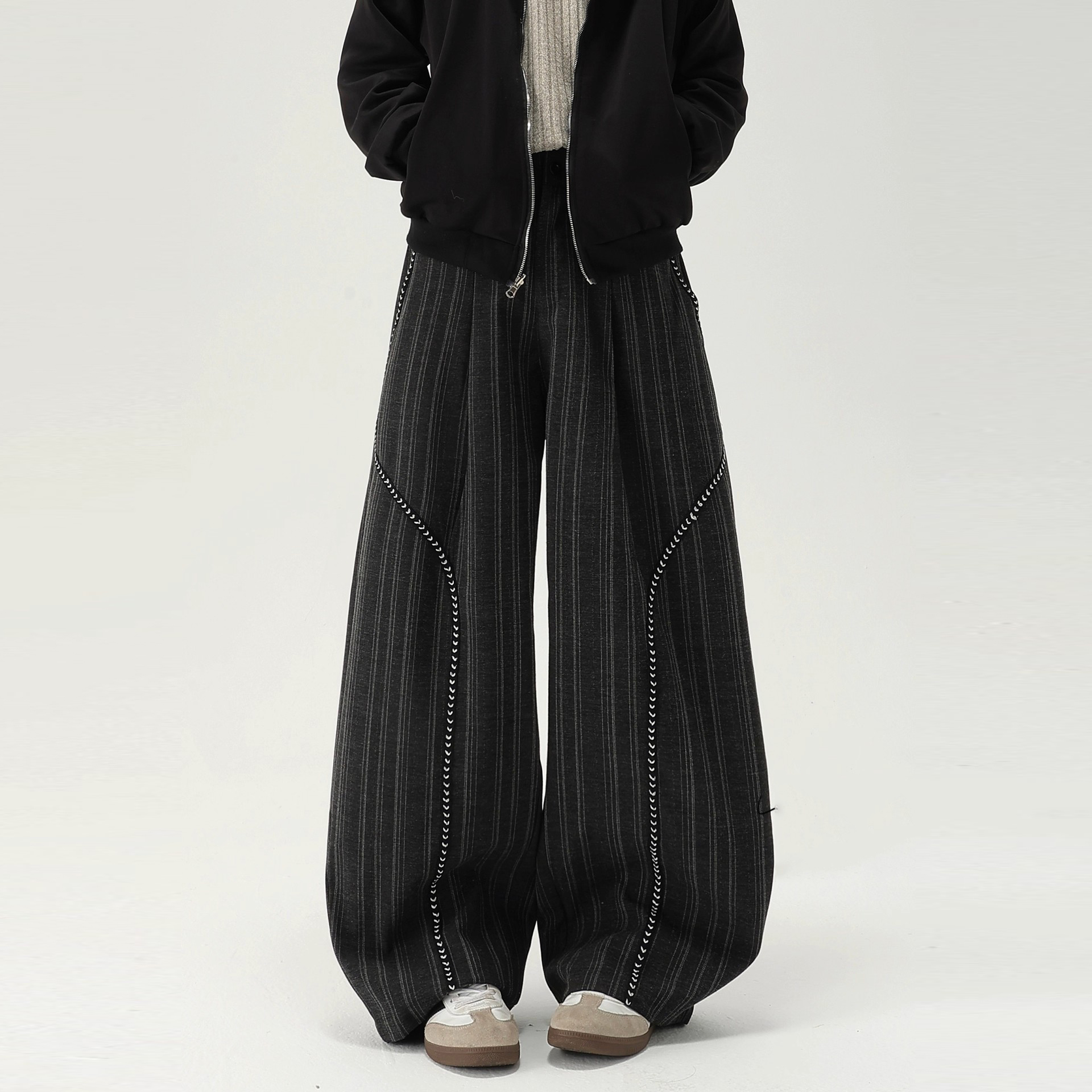 秋复古老钱风条纹显瘦休闲阔腿裤