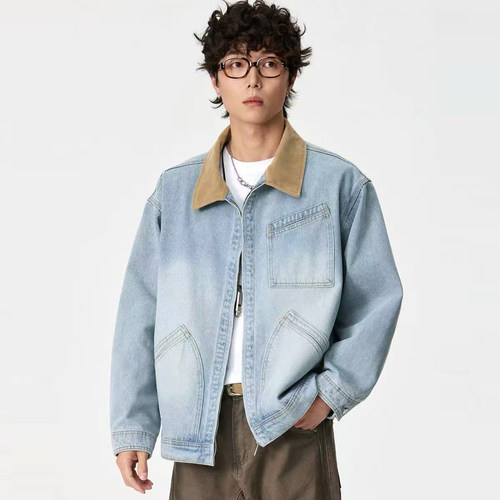日系复古拼接风水洗牛仔外套男