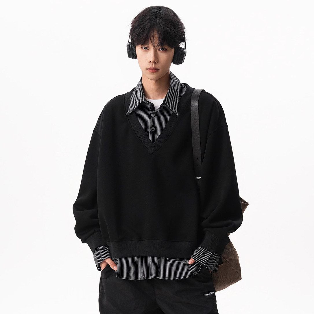 条纹假两件POLO卫衣男女秋季宽松撞色拼接长袖miu系休闲情侣外套