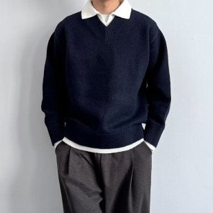 2026秋冬季基础款纯色翻领假两件毛衣男女慵懒风百搭学院针织衫