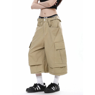 新款美式复古大口袋工装休闲七分裤男女生嘻哈跳舞高街阔腿裤潮