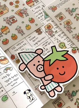 韩国OKIKI可爱小众猪猪番茄贴纸手账素材咕卡DIY手机装饰贴ins风