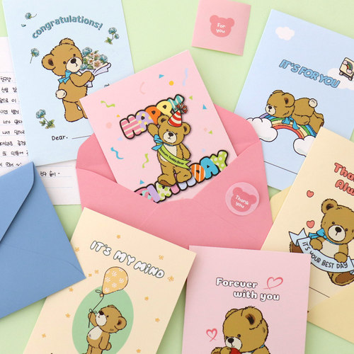 韩国正品泰迪熊贺卡信封贴纸祝福