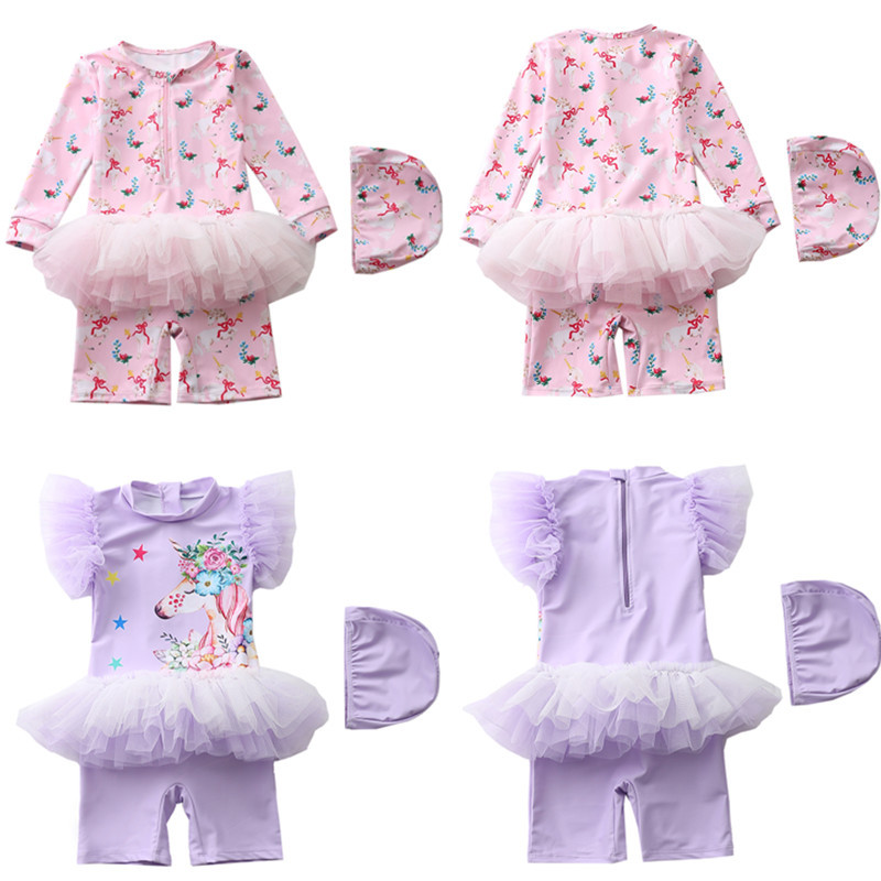 韩版女童卡通独角兽防晒拉链tutu裙儿童长袖连体平角裤宝宝游泳衣