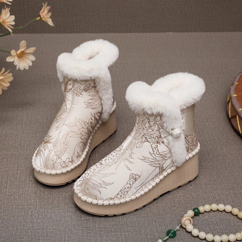 民族风松糕厚底老北京绣花加绒保暖古风汉服旗袍7厘米高跟棉短靴