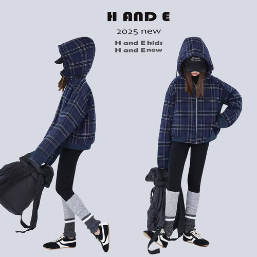 HANDE深紫格子连帽棉服
