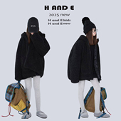 26冬季 原创童装 加厚保暖黑色羊羔毛连帽棉服外穿女童外套 AND