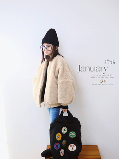 H AND E 原创童装羊羔毛外套女童2026早春新款短款宽松立领上衣