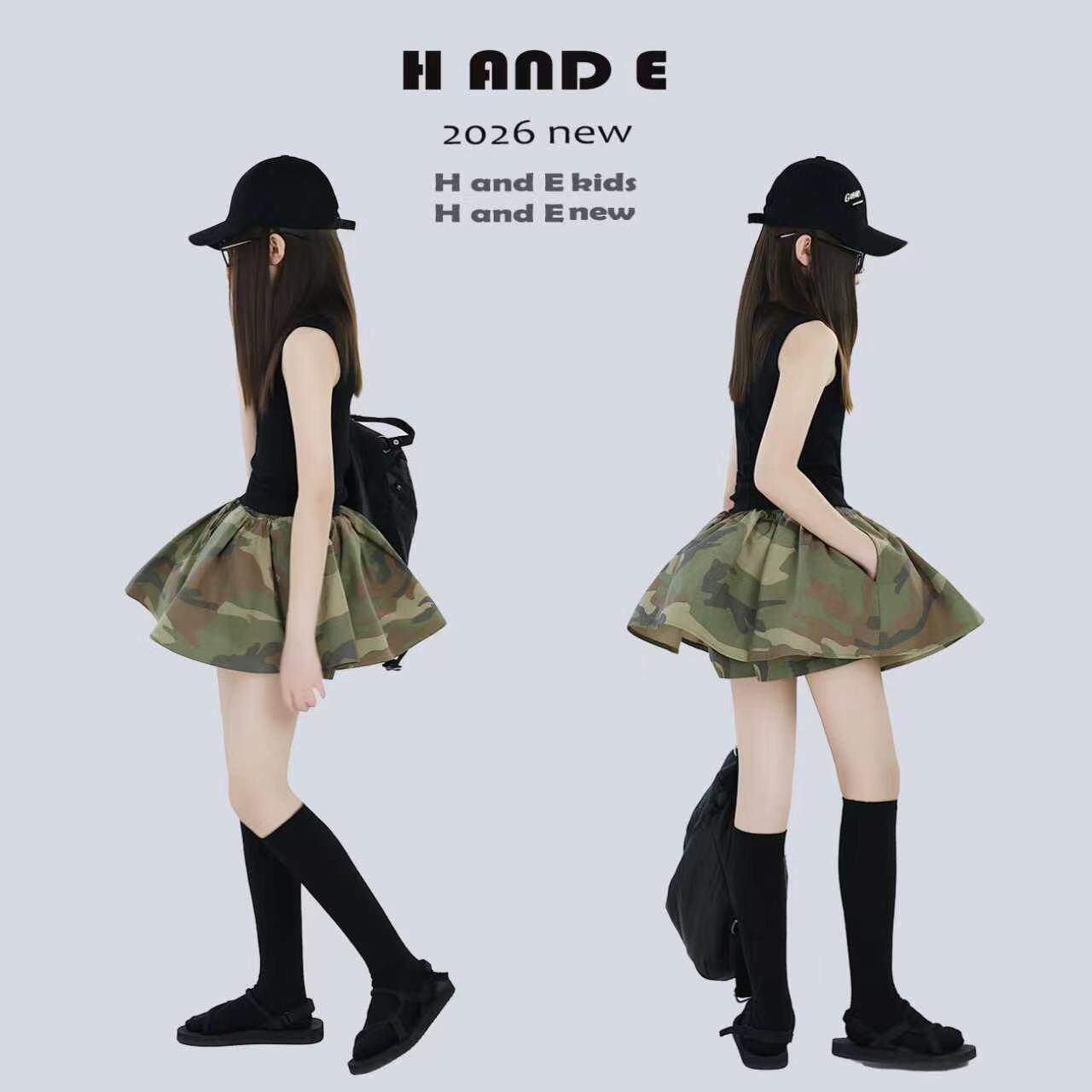 H AND E 原创童装2026夏季迷彩蓬蓬裙裤设计感酷飒短裙母女亲子装