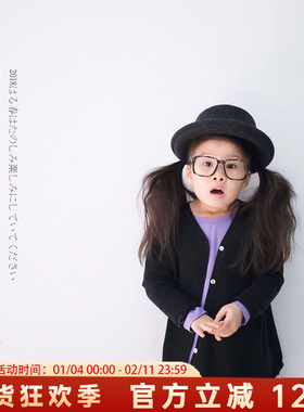 原创童装早秋黑色斜襟开衫亲肤兔绒长袖森系单排扣V领针织衫