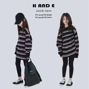 H AND E 韩系女童紫粉条纹T恤中大童宽松26秋冬长款上衣母女亲子