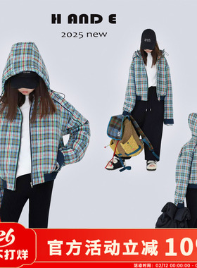 H AND E 原创童装26冬季保暖蓝橘格子连帽飞行员夹克棉服外套女童