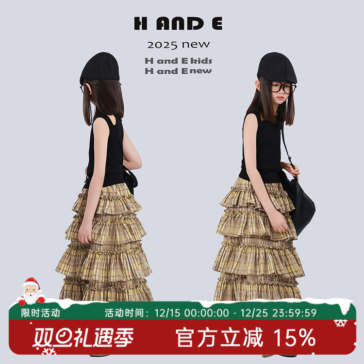 H AND E 原创童装2025夏季森系黄色间条褶皱蛋糕蓬蓬半身裙子女童