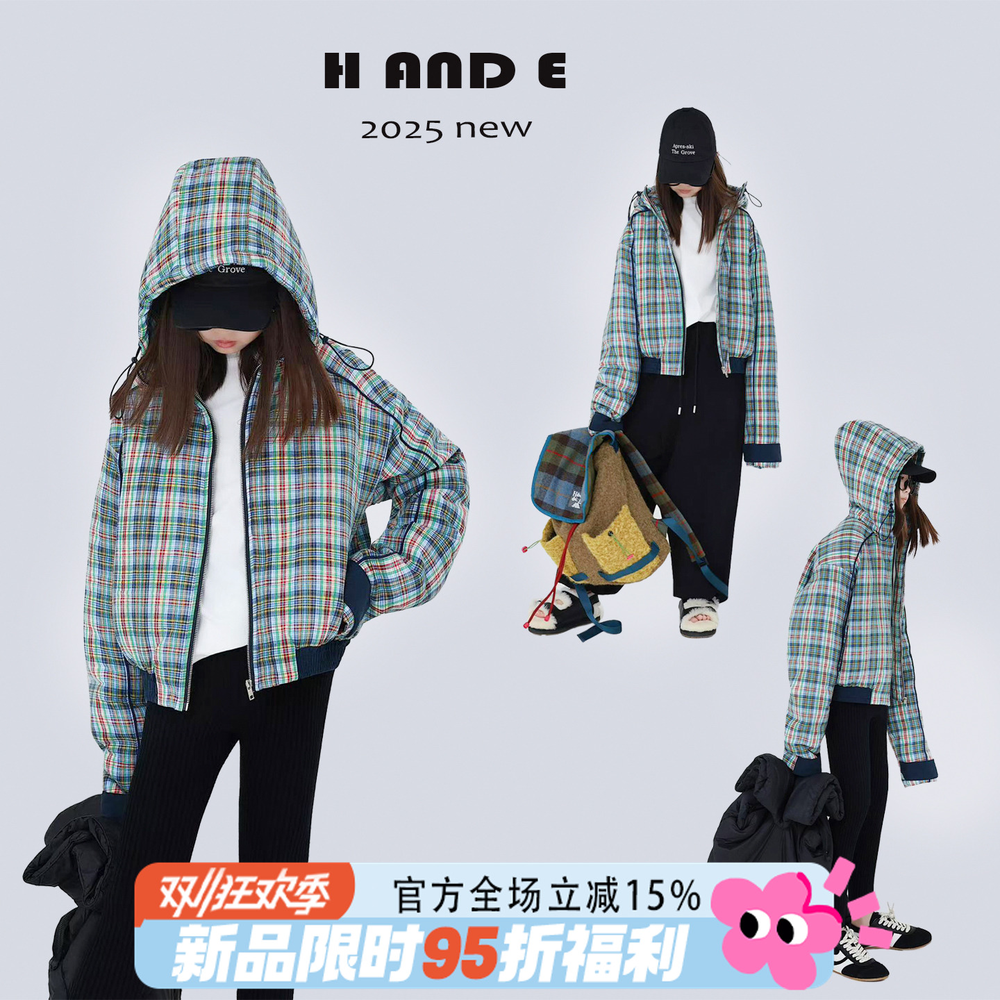 H AND E 原创童装25冬季保暖蓝橘格子连帽飞行员夹克棉服外套女童