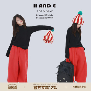 H AND E 原创儿童休闲运动裤男女童2026新款红色两穿卫裤长裤亲子