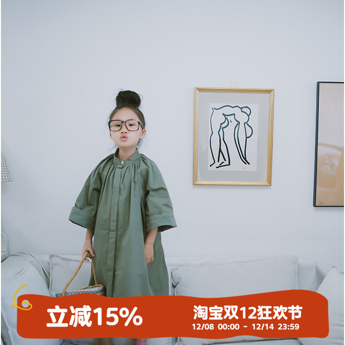 女童风衣森系中长款绿灰色纯棉日系儿童洋气外套秋季童装