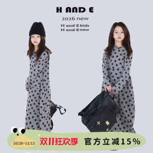 H AND E 原创儿童灰色星星连帽连衣裙26秋季新款女大童长裙亲子装
