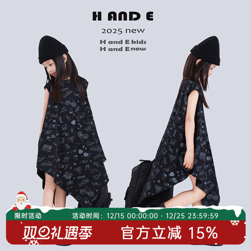 H AND E 原创童装2025夏季不规则黑色卡通印花连衣裙母女亲子装