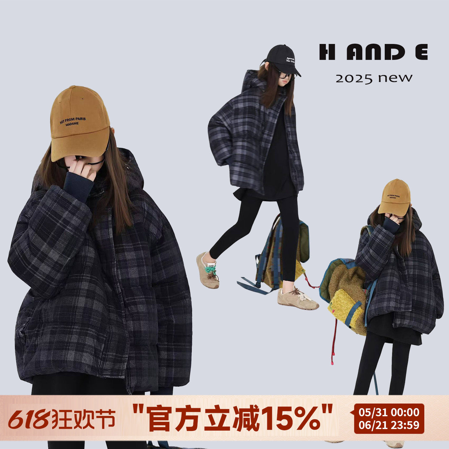 H AND E 原创童装26冬季加厚保暖灯芯绒灰黑格子棉服女童亲子装