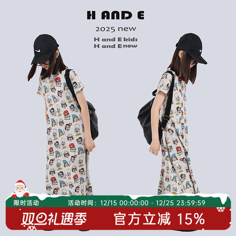 H AND E 原创童装2025夏季卡通印花人像连衣裙女童母女亲子装
