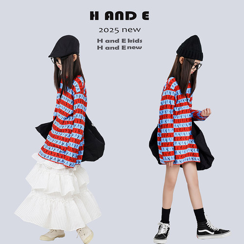 H AND E 原创童装2026春季新款红蓝米奇间条T女童装长袖条纹T