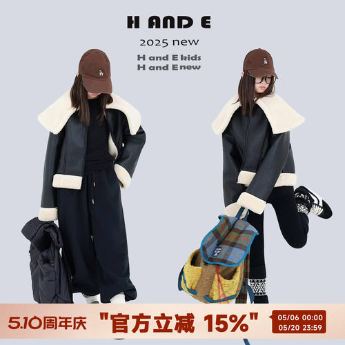 HANDE黑色米驼娃娃领皮毛一体