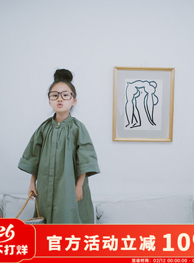 女童风衣森系中长款绿灰色纯棉日系儿童洋气外套秋季童装