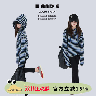 H AND E 原创2026秋季女童连帽个性条纹潮流上衣儿童亲子时髦T恤