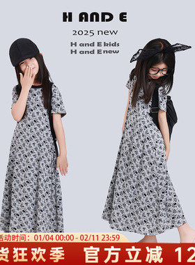 H AND E 原创童装2026夏季灰色米奇甜美圆领收腰显瘦连衣长裙女童