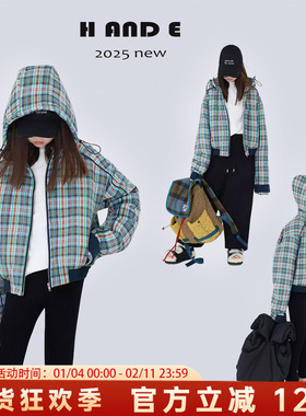 H AND E 原创童装26冬季保暖蓝橘格子连帽飞行员夹克棉服外套女童