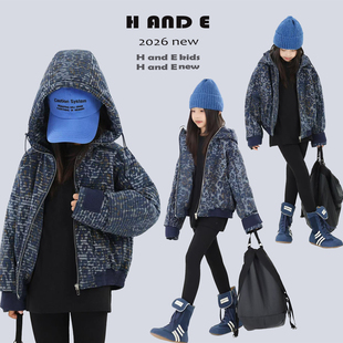H AND E 蓝色豹纹连帽棉服2026冬季新款男女童潮流加厚亲子装外套