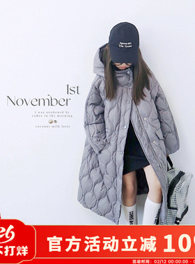 H AND E女童连帽羽绒服加长款外套白鸭绒儿童洋气显白灰色羽绒服