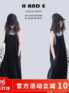 H AND E 原创童装黑色背带裤女童2026夏季新款休闲宽松薄款长裤