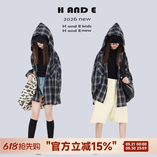 连帽黑白格子衬衫慵懒风外套