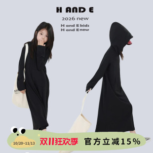 H AND E  原创童装黑色连帽长裙亲子装母女款2026秋冬女童连衣裙