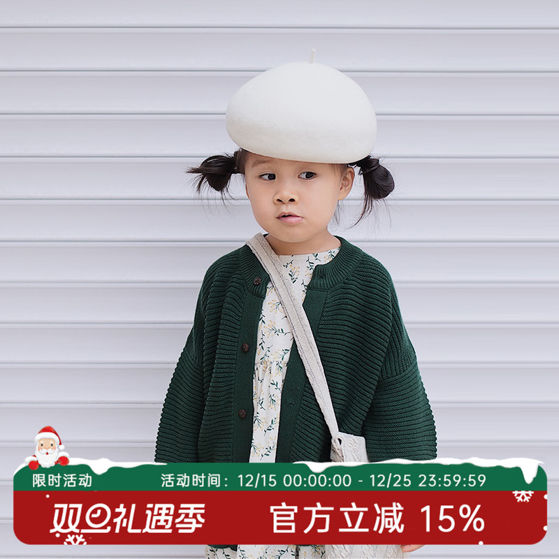 hande绿色纽扣开衫圆领长袖毛衣