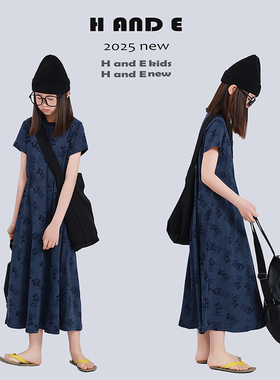 H AND E 原创童装2026夏季蓝色卡通米奇圆领短袖连衣裙长裙女童