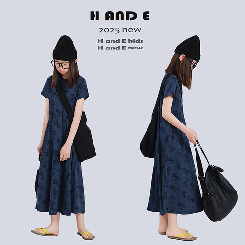 H AND E 原创童装2026夏季蓝色卡通米奇圆领短袖连衣裙长裙女童