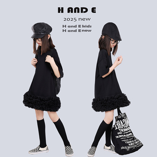 H AND E 原创童装2026夏季边纱黑色T裙甜美气质五分短袖半身裙子