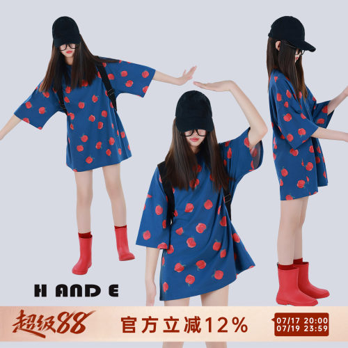 蓝色苹果印花oversize大T恤