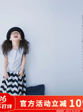 原创童装蓝灰色织不规则波浪半身裙森系风大摆伞裙中大儿童