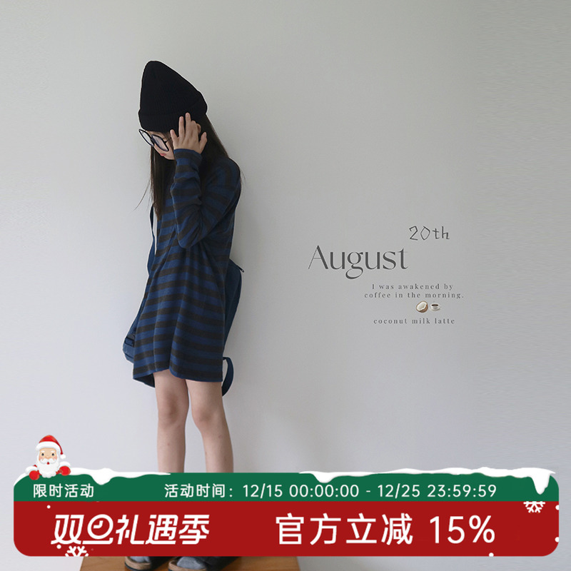 圆领休闲条纹长袖T恤美式复古