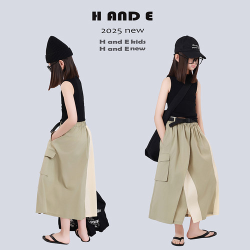 H AND E 原创童装2026夏季运动机能风绿米色拼接长裙连衣裙女童